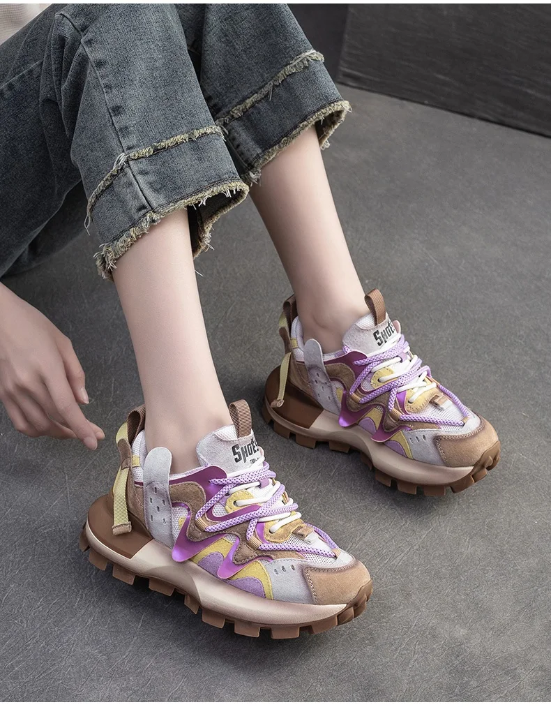 4.5CM New Fashion Mixed Colors Casual Sneakers Women Summer Air Mesh Genuine Leather Thick Sole Height Increasing Platform Shoes