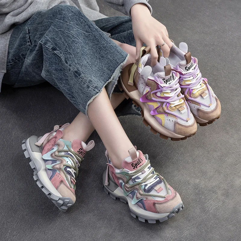 4.5CM New Fashion Mixed Colors Casual Sneakers Women Summer Air Mesh Genuine Leather Thick Sole Height Increasing Platform Shoes