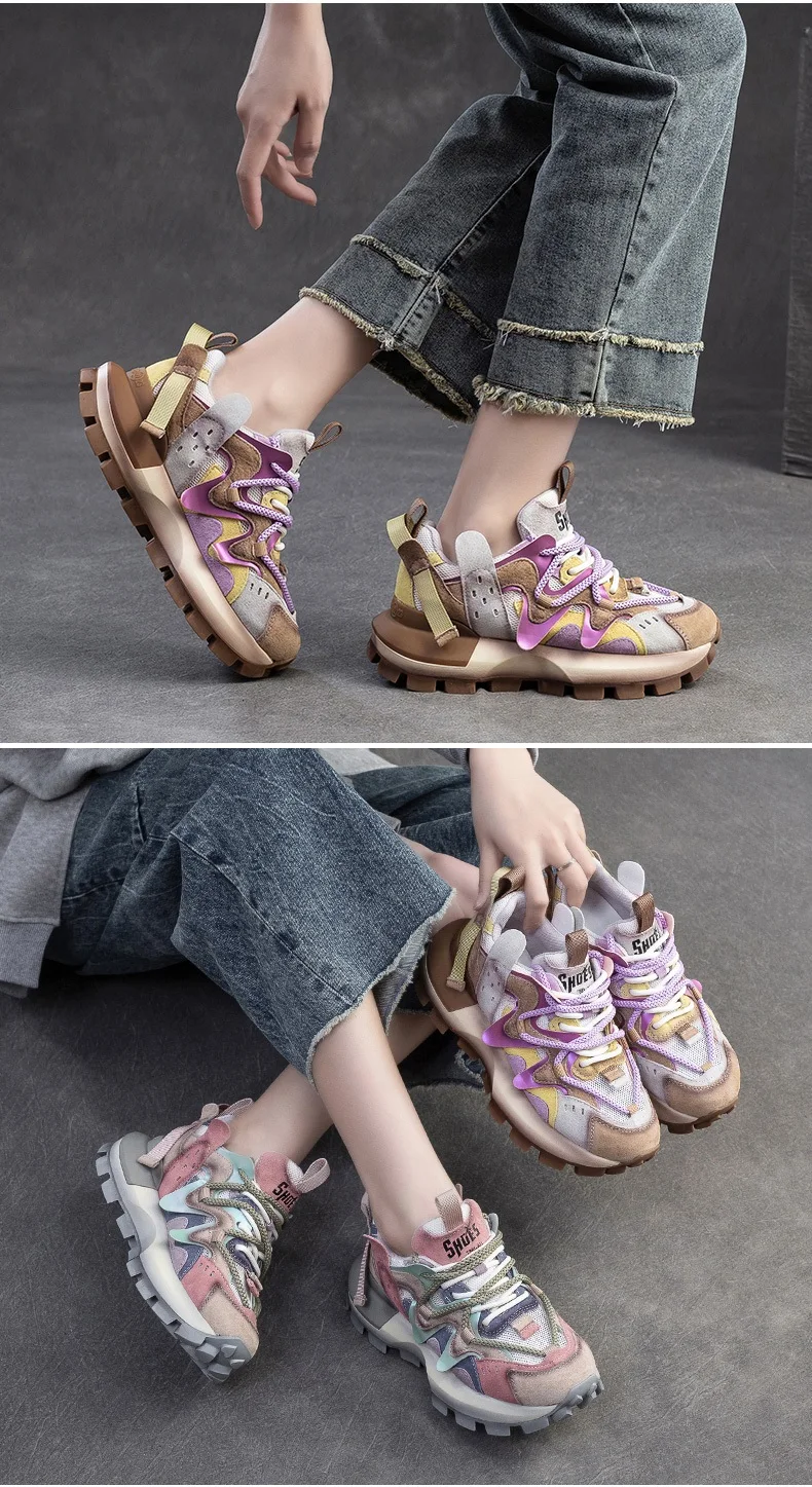 4.5CM New Fashion Mixed Colors Casual Sneakers Women Summer Air Mesh Genuine Leather Thick Sole Height Increasing Platform Shoes