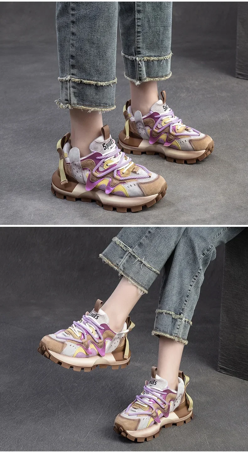 4.5CM New Fashion Mixed Colors Casual Sneakers Women Summer Air Mesh Genuine Leather Thick Sole Height Increasing Platform Shoes