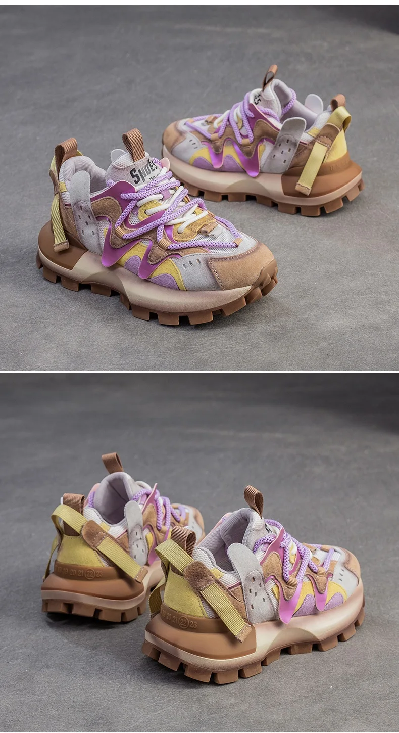 4.5CM New Fashion Mixed Colors Casual Sneakers Women Summer Air Mesh Genuine Leather Thick Sole Height Increasing Platform Shoes