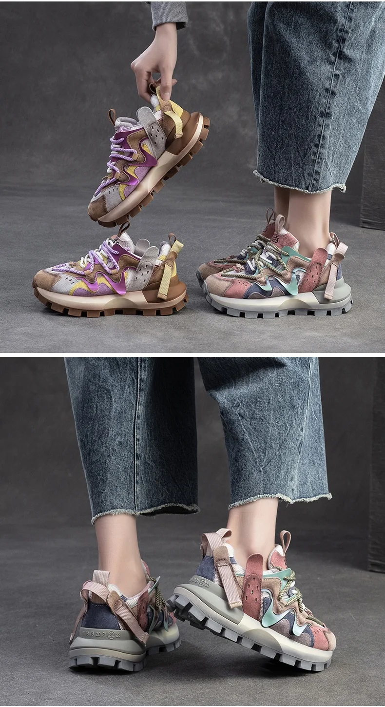 4.5CM New Fashion Mixed Colors Casual Sneakers Women Summer Air Mesh Genuine Leather Thick Sole Height Increasing Platform Shoes