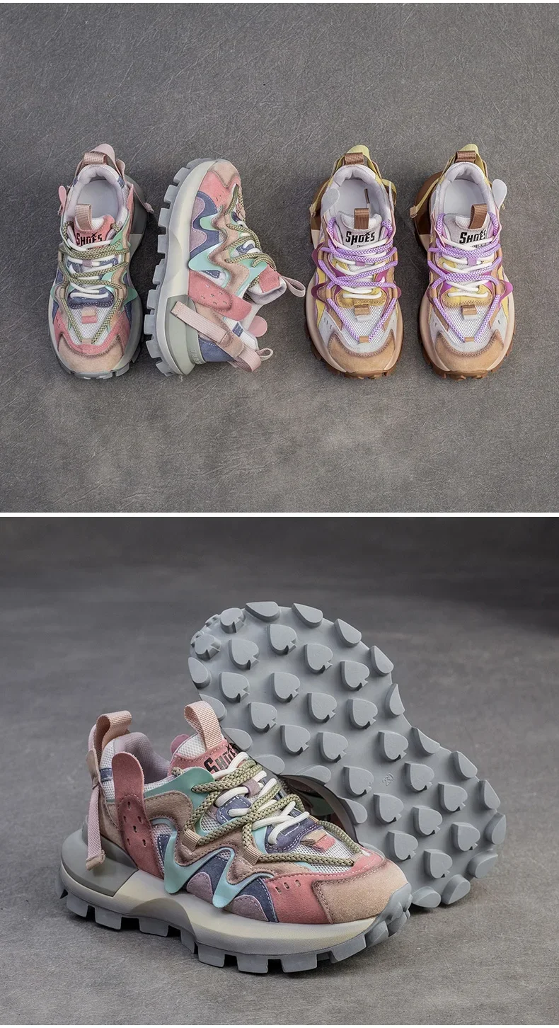 4.5CM New Fashion Mixed Colors Casual Sneakers Women Summer Air Mesh Genuine Leather Thick Sole Height Increasing Platform Shoes