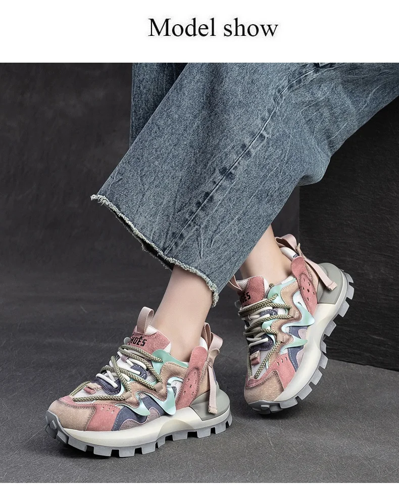 4.5CM New Fashion Mixed Colors Casual Sneakers Women Summer Air Mesh Genuine Leather Thick Sole Height Increasing Platform Shoes