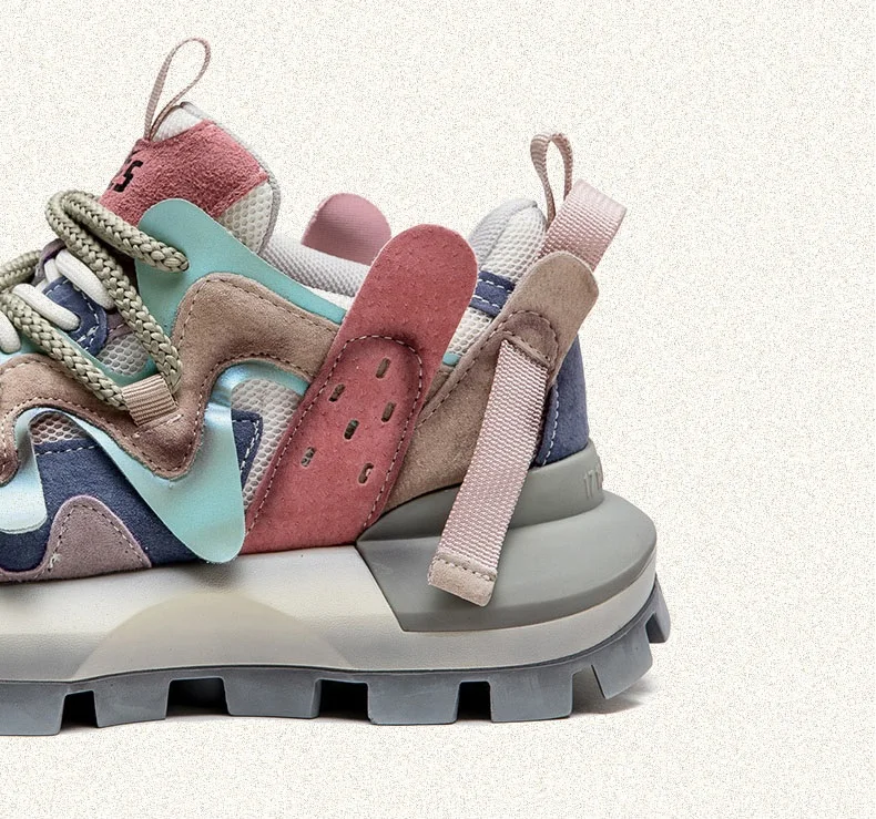 4.5CM New Fashion Mixed Colors Casual Sneakers Women Summer Air Mesh Genuine Leather Thick Sole Height Increasing Platform Shoes