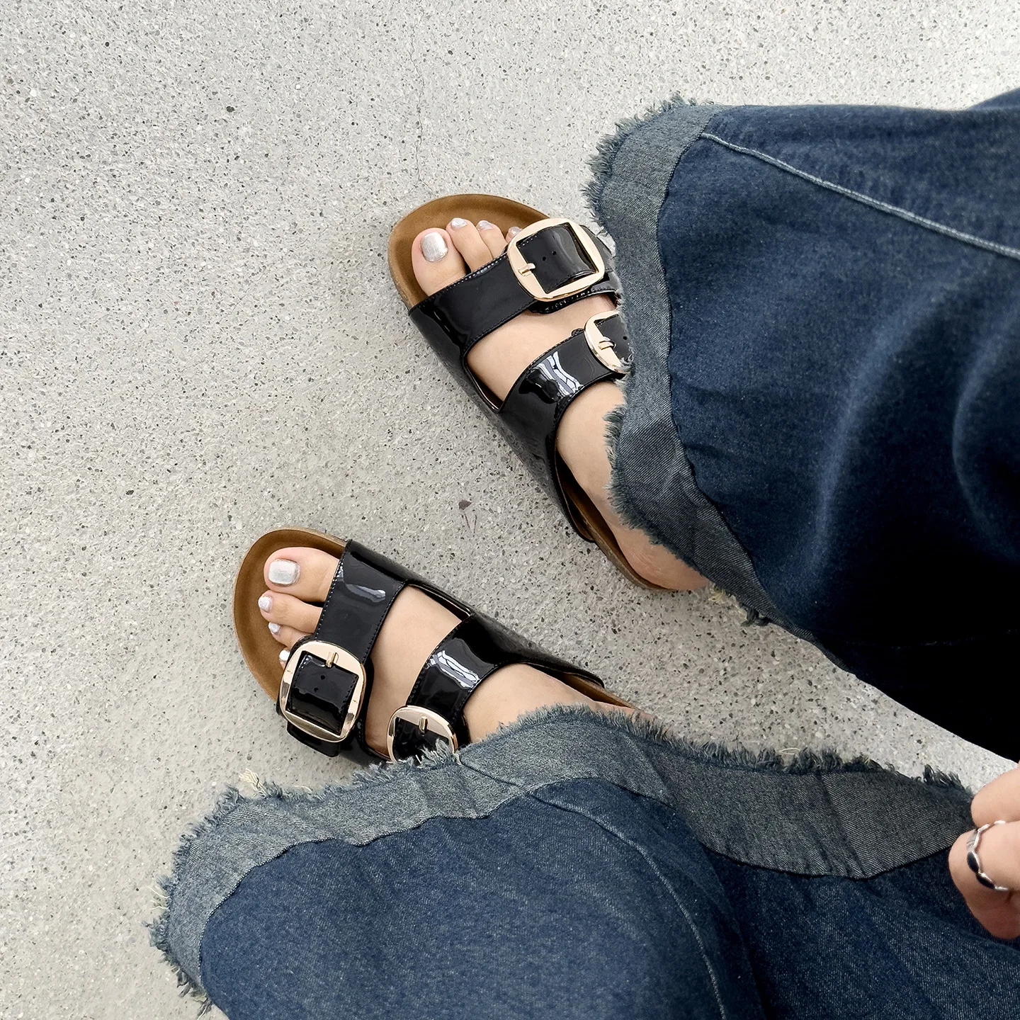 Genuine Leather Casual Sandals Women Orange Black Cow Solid Color Double Buckle Strap Thick Sole Slippers Ladies Shoes Handmade