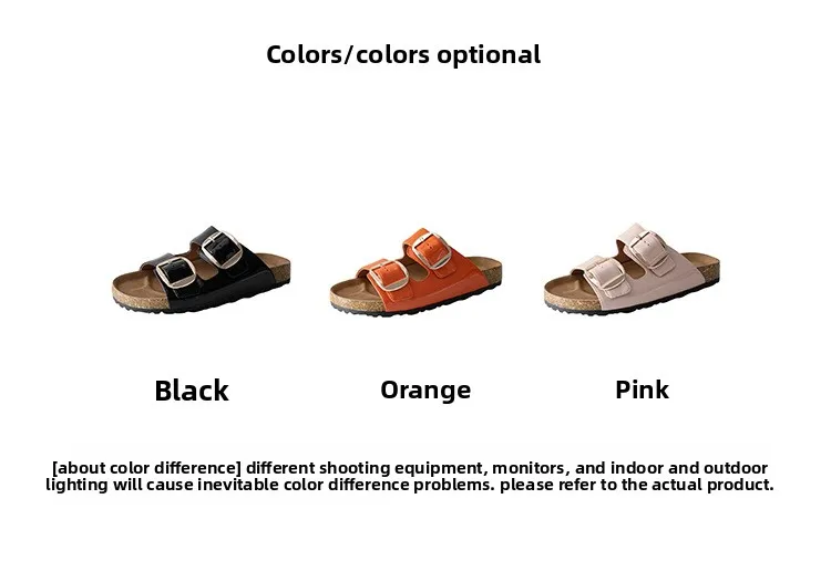 Genuine Leather Casual Sandals Women Orange Black Cow Solid Color Double Buckle Strap Thick Sole Slippers Ladies Shoes Handmade