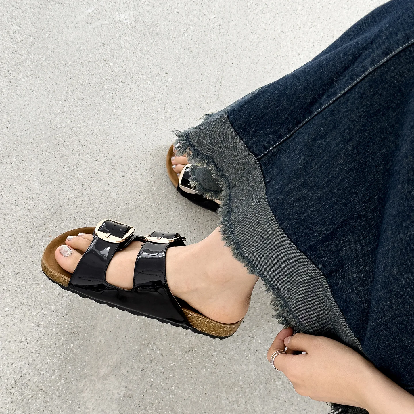 Genuine Leather Casual Sandals Women Orange Black Cow Solid Color Double Buckle Strap Thick Sole Slippers Ladies Shoes Handmade