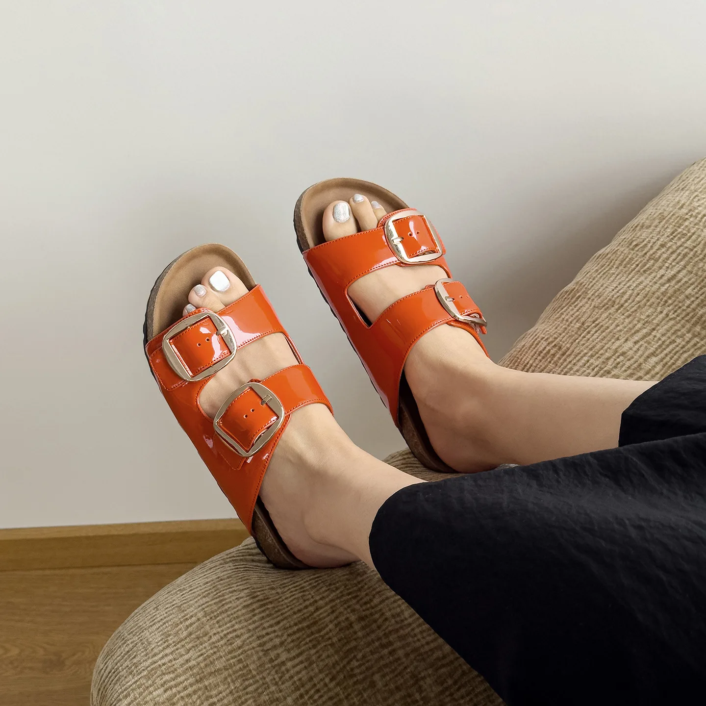 Genuine Leather Casual Sandals Women Orange Black Cow Solid Color Double Buckle Strap Thick Sole Slippers Ladies Shoes Handmade