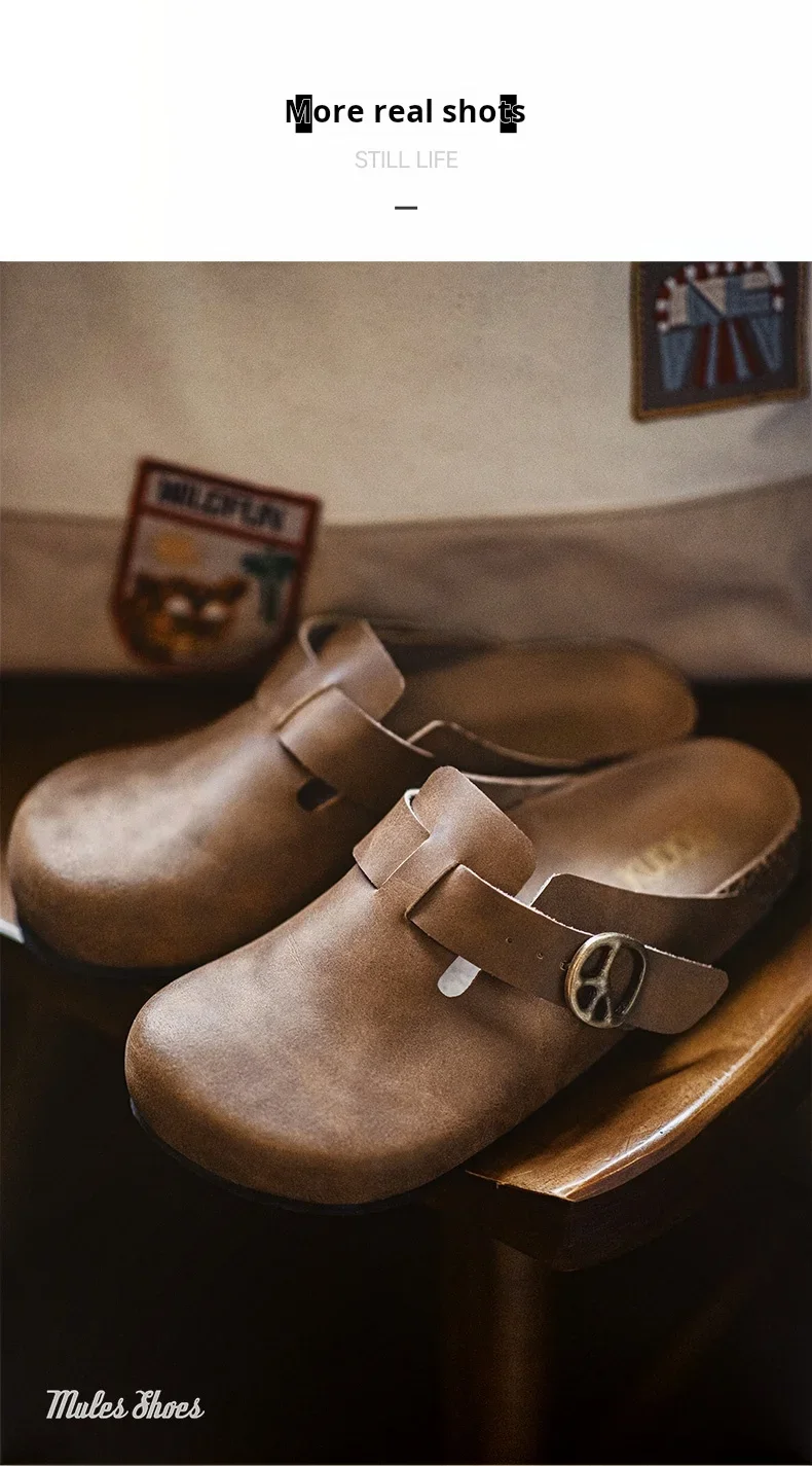 Maden Men's Vintage Brown Crazy Horse Leather Mules Adjustable Slide-On Shoes with Thick Cork Sole Casual Slippers for Spring