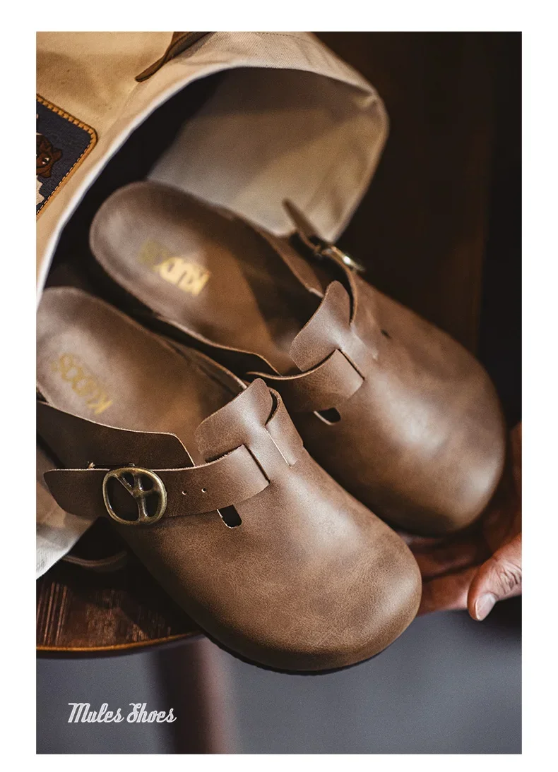 Maden Men's Vintage Brown Crazy Horse Leather Mules Adjustable Slide-On Shoes with Thick Cork Sole Casual Slippers for Spring