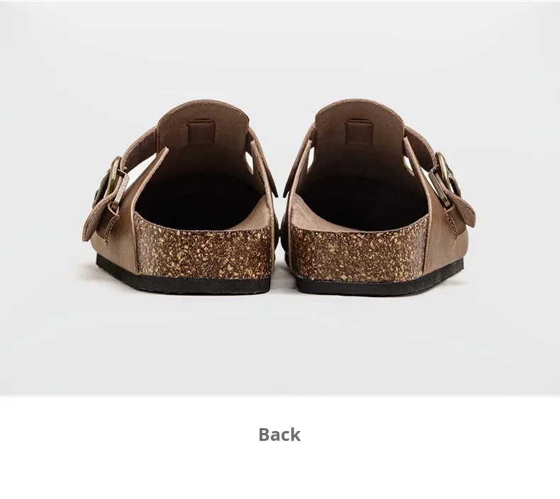 Maden Men's Vintage Brown Crazy Horse Leather Mules Adjustable Slide-On Shoes with Thick Cork Sole Casual Slippers for Spring