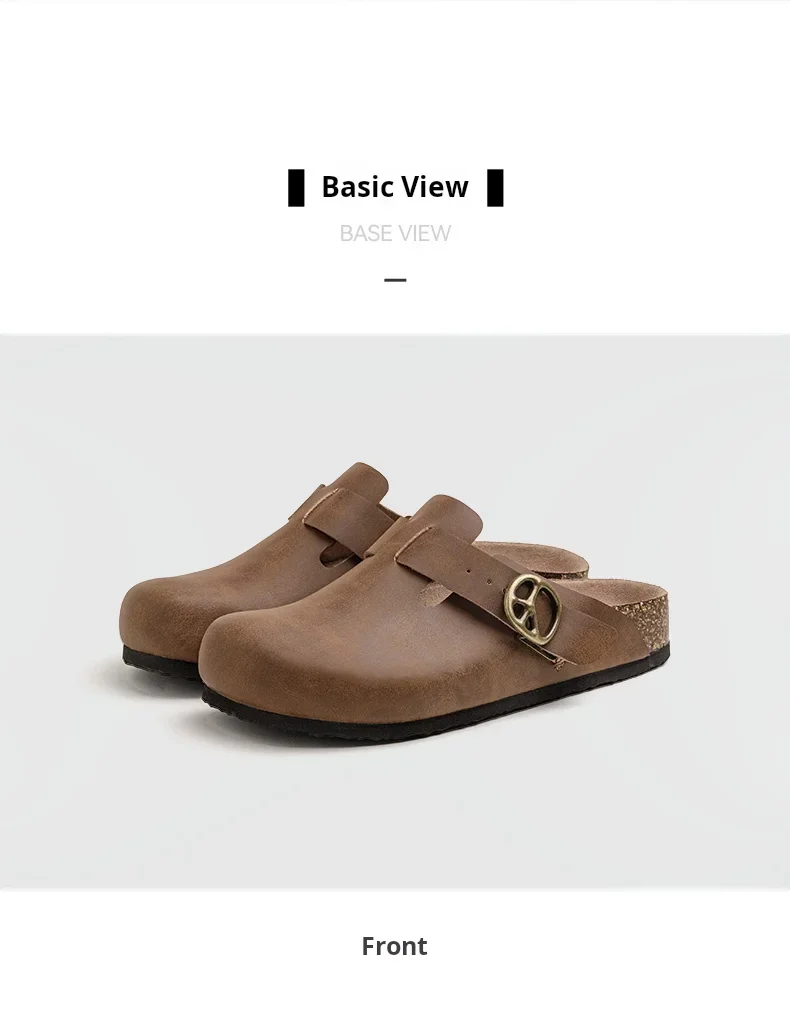 Maden Men's Vintage Brown Crazy Horse Leather Mules Adjustable Slide-On Shoes with Thick Cork Sole Casual Slippers for Spring