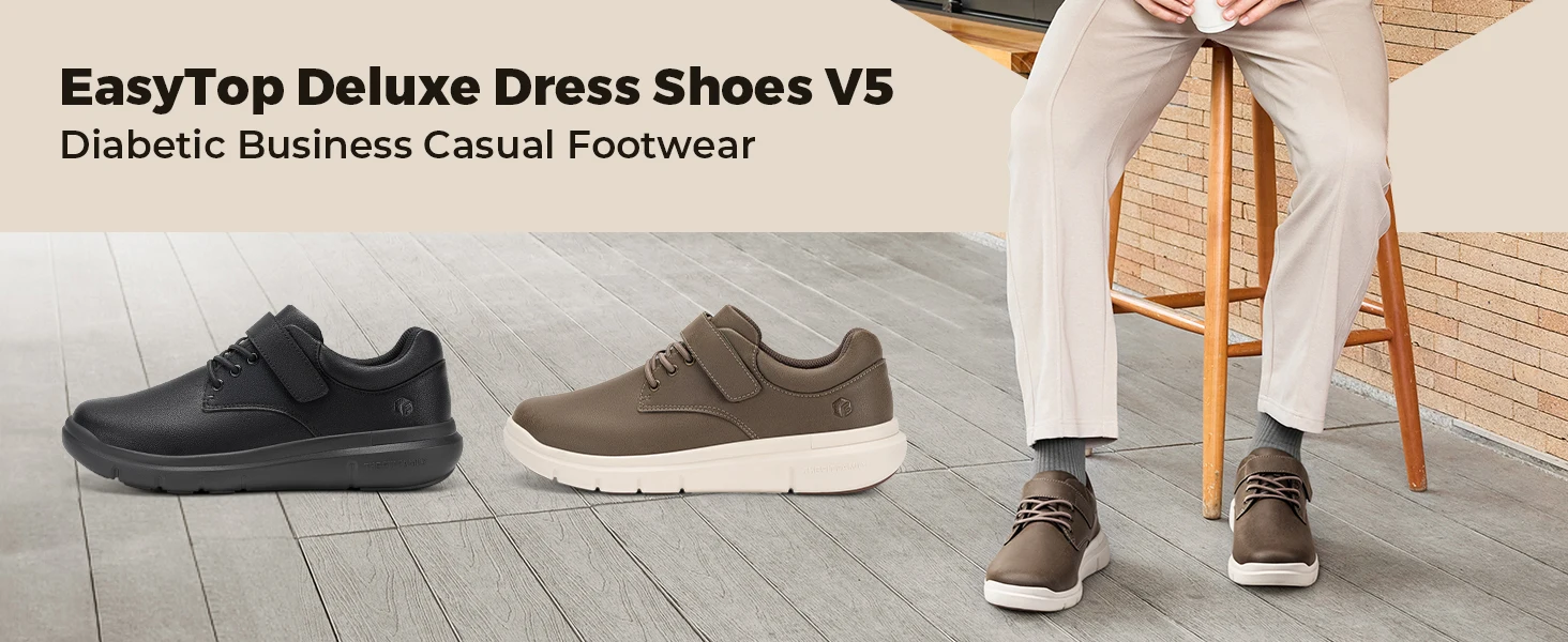 FitVille Men'S Diabetic Shoes Wide Width Leather Oxford Dress Walking Shoe Hook And Loop Orthopedic Sneakers For Swollen Foot