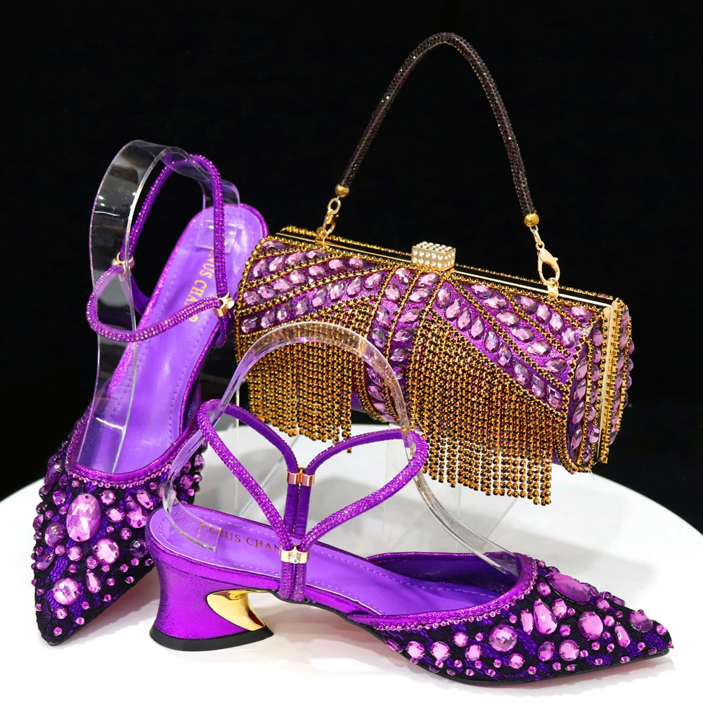 Women Purple Rhinestone Shoes Matching Bag Set Italian Design Chunky Heel Pumps Tassel Clutch Purse Nigeria Wedding Party Dress