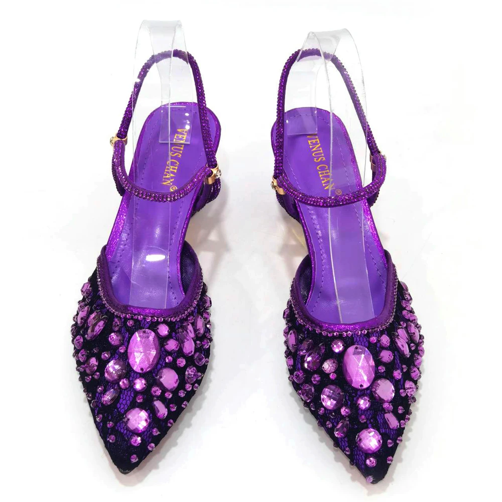 Women Purple Rhinestone Shoes Matching Bag Set Italian Design Chunky Heel Pumps Tassel Clutch Purse Nigeria Wedding Party Dress