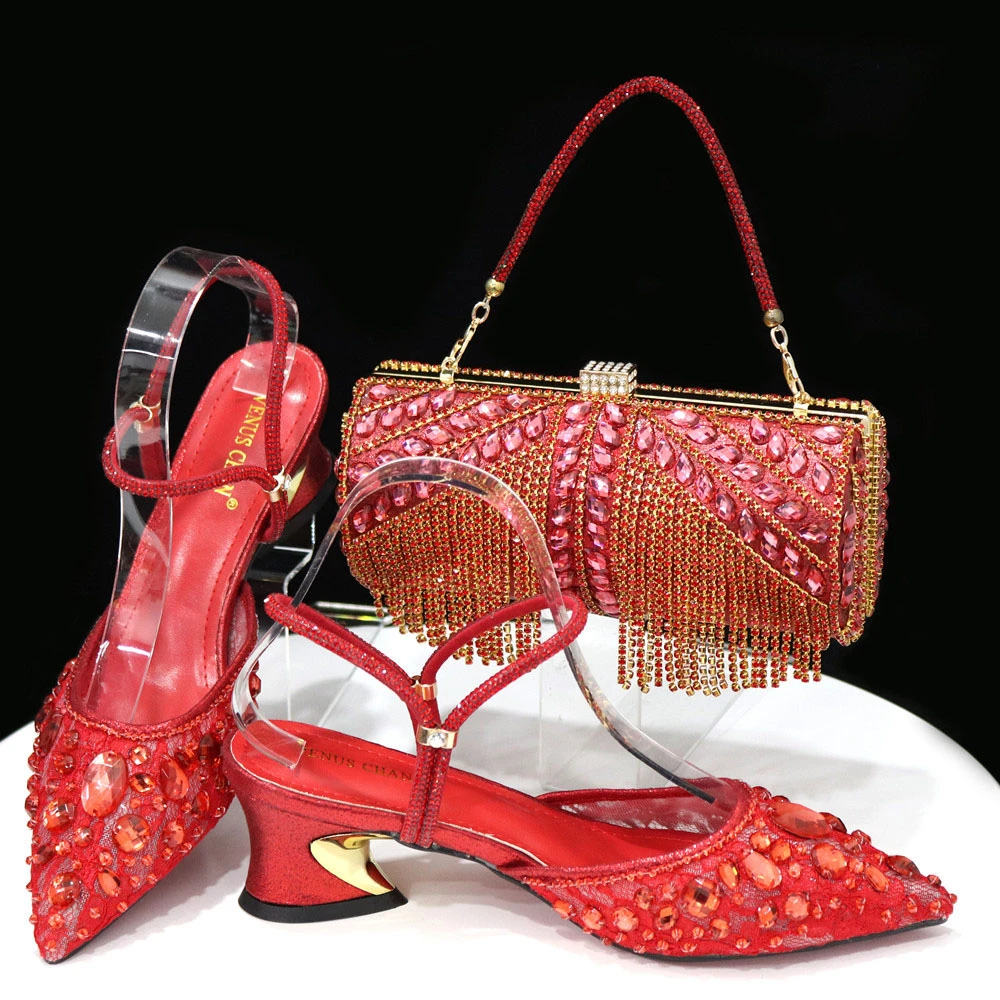 Women Purple Rhinestone Shoes Matching Bag Set Italian Design Chunky Heel Pumps Tassel Clutch Purse Nigeria Wedding Party Dress