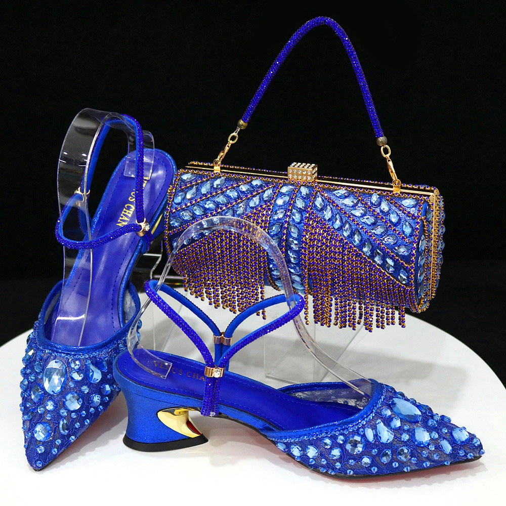 Women Purple Rhinestone Shoes Matching Bag Set Italian Design Chunky Heel Pumps Tassel Clutch Purse Nigeria Wedding Party Dress