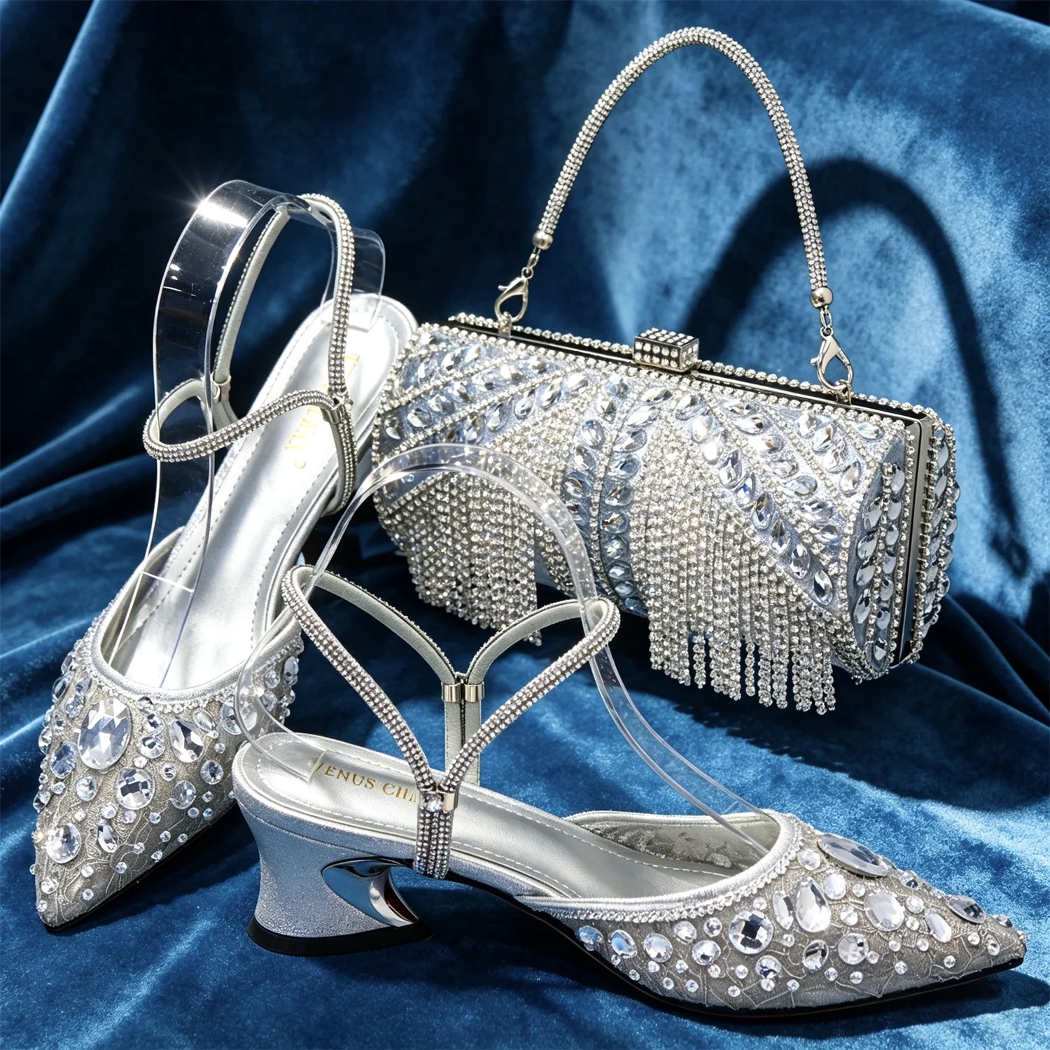 Women Purple Rhinestone Shoes Matching Bag Set Italian Design Chunky Heel Pumps Tassel Clutch Purse Nigeria Wedding Party Dress