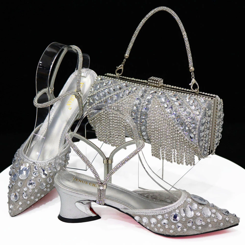 Women Purple Rhinestone Shoes Matching Bag Set Italian Design Chunky Heel Pumps Tassel Clutch Purse Nigeria Wedding Party Dress