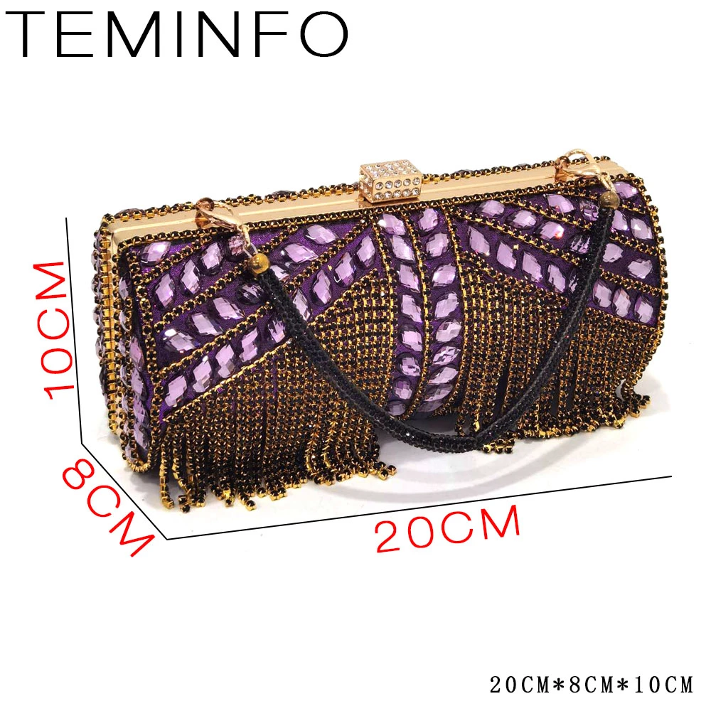 Women Purple Rhinestone Shoes Matching Bag Set Italian Design Chunky Heel Pumps Tassel Clutch Purse Nigeria Wedding Party Dress