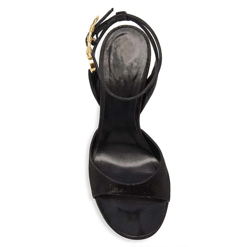 Summer New Women's Black Round Toe Sandals Ankle Gold Buckle Strap Thin Heel Elegant All Match Dress Party Sandals