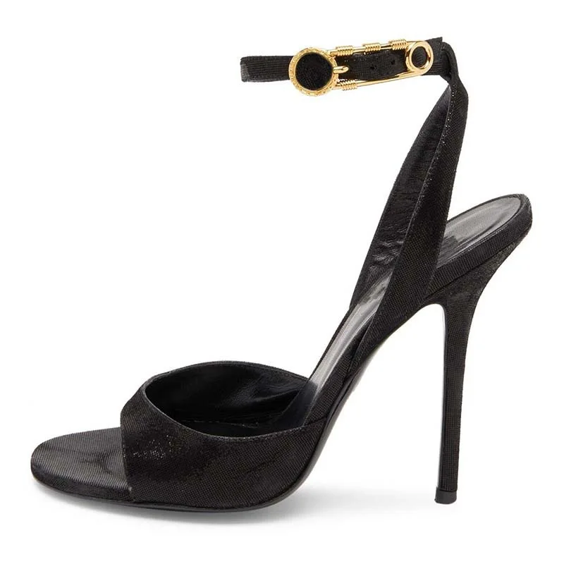 Summer New Women's Black Round Toe Sandals Ankle Gold Buckle Strap Thin Heel Elegant All Match Dress Party Sandals
