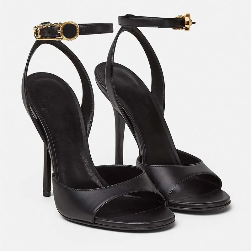 Summer New Women's Black Round Toe Sandals Ankle Gold Buckle Strap Thin Heel Elegant All Match Dress Party Sandals