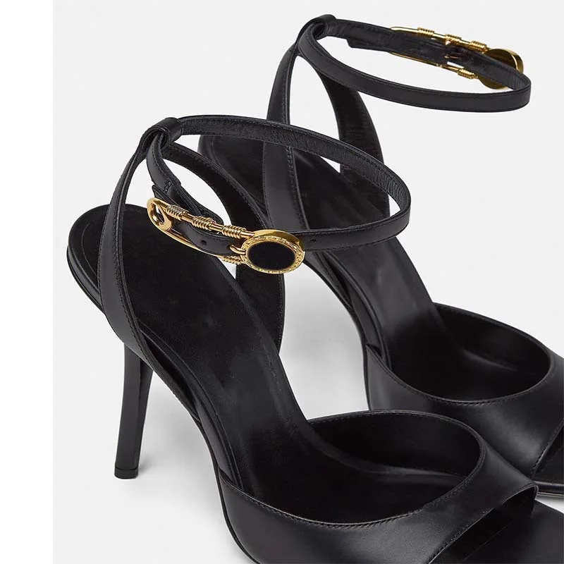 Summer New Women's Black Round Toe Sandals Ankle Gold Buckle Strap Thin Heel Elegant All Match Dress Party Sandals