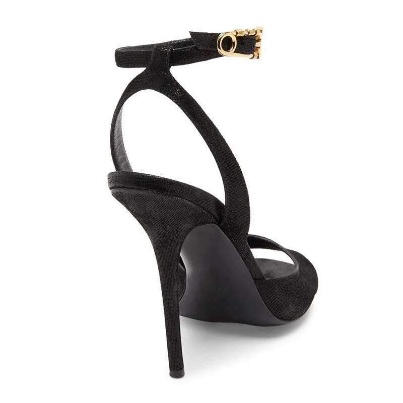 Summer New Women's Black Round Toe Sandals Ankle Gold Buckle Strap Thin Heel Elegant All Match Dress Party Sandals