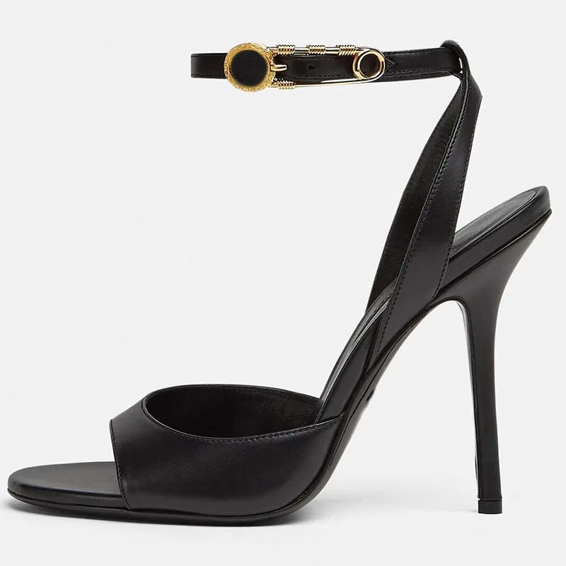 Summer New Women's Black Round Toe Sandals Ankle Gold Buckle Strap Thin Heel Elegant All Match Dress Party Sandals