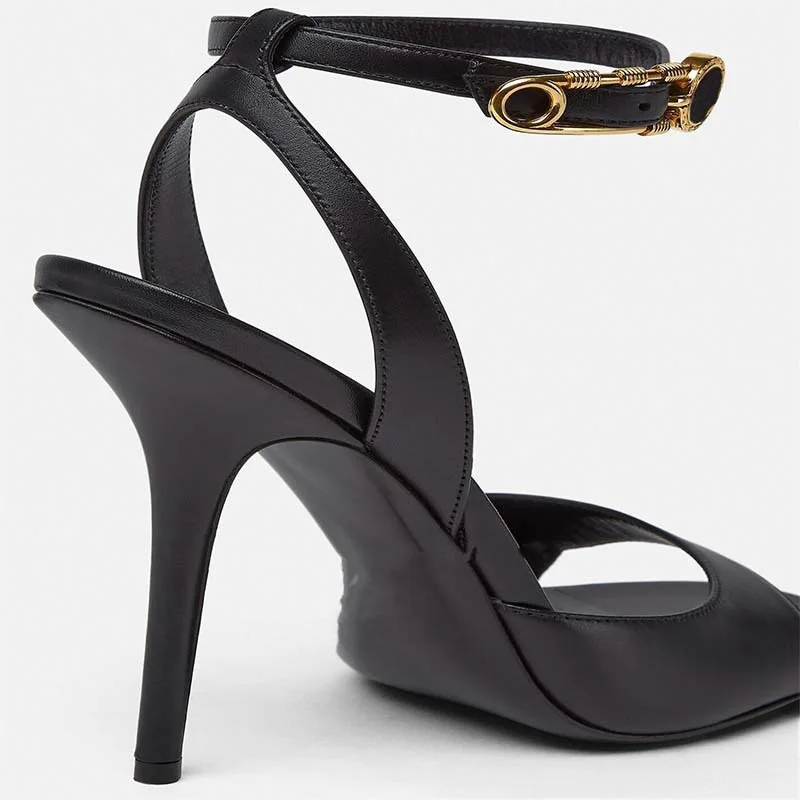 Summer New Women's Black Round Toe Sandals Ankle Gold Buckle Strap Thin Heel Elegant All Match Dress Party Sandals