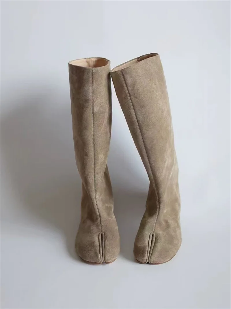 Hlieny Winter Street Style Fashion Split Toe Knee-High Boots Women Flat Heels Shoes Female Long Booties Zapatos De Mujer