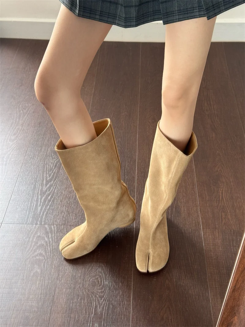Hlieny Winter Street Style Fashion Split Toe Knee-High Boots Women Flat Heels Shoes Female Long Booties Zapatos De Mujer