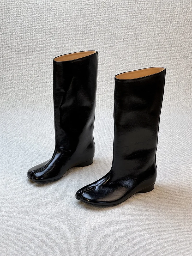 Hlieny Winter Street Style Fashion Split Toe Knee-High Boots Women Flat Heels Shoes Female Long Booties Zapatos De Mujer