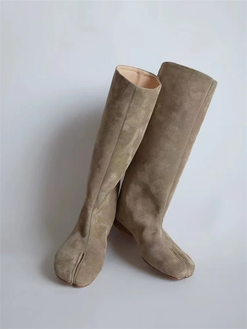 Hlieny Winter Street Style Fashion Split Toe Knee-High Boots Women Flat Heels Shoes Female Long Booties Zapatos De Mujer