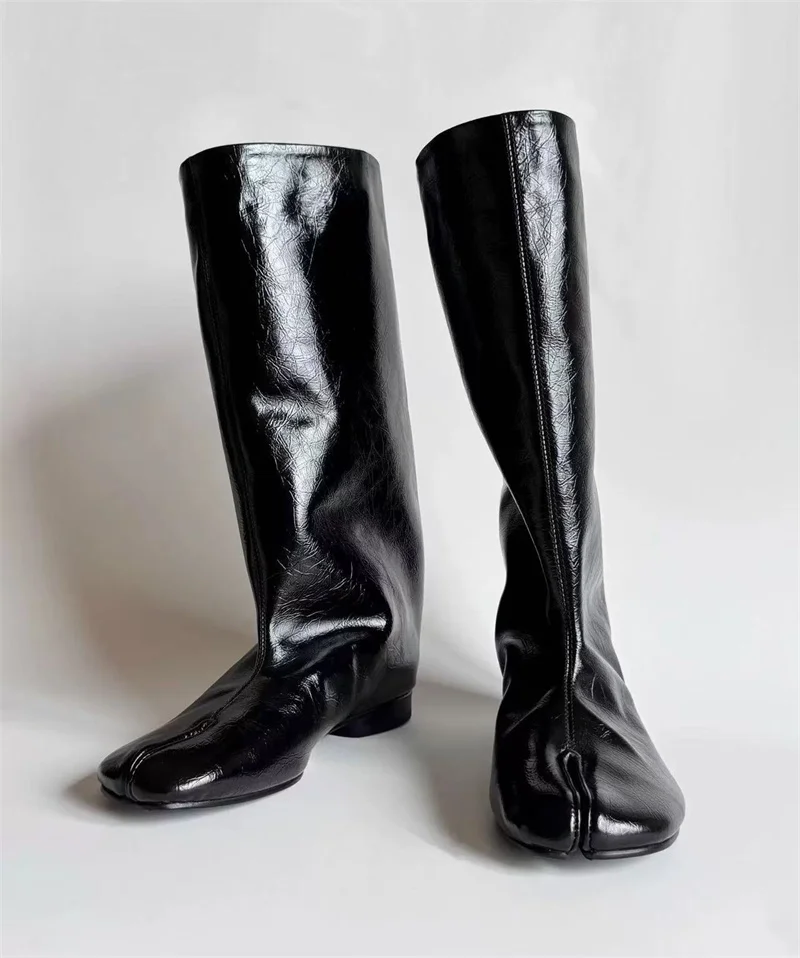 Hlieny Winter Street Style Fashion Split Toe Knee-High Boots Women Flat Heels Shoes Female Long Booties Zapatos De Mujer