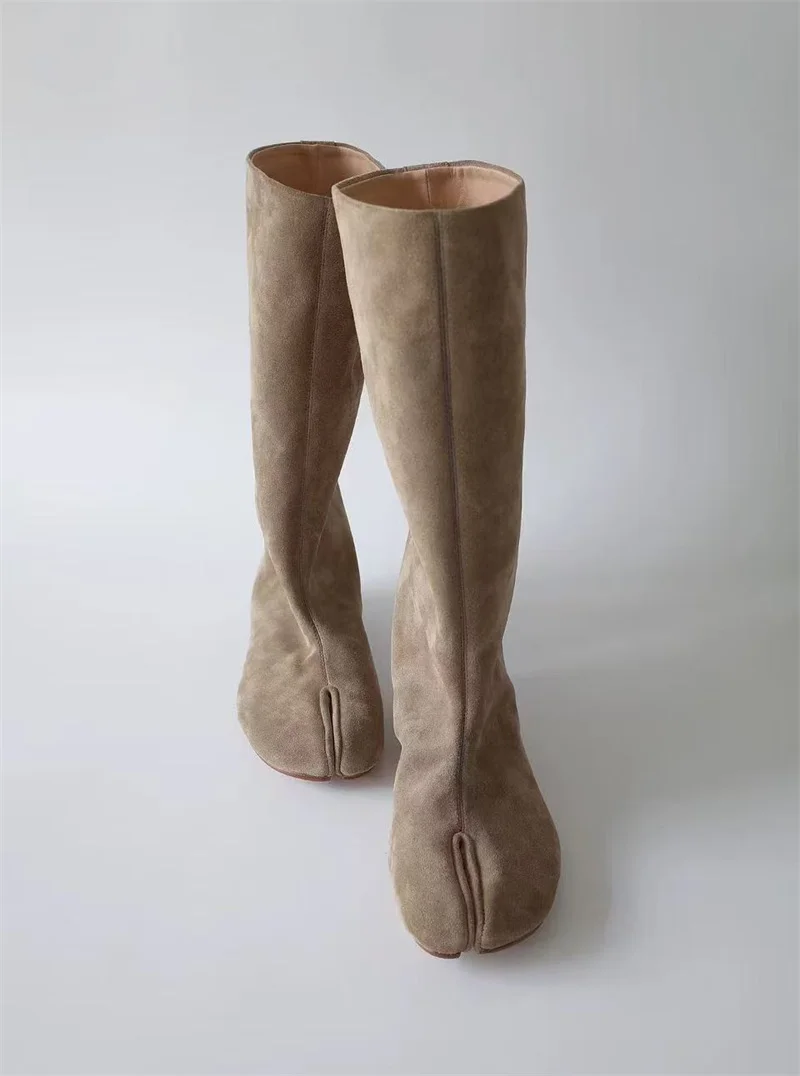 Hlieny Winter Street Style Fashion Split Toe Knee-High Boots Women Flat Heels Shoes Female Long Booties Zapatos De Mujer