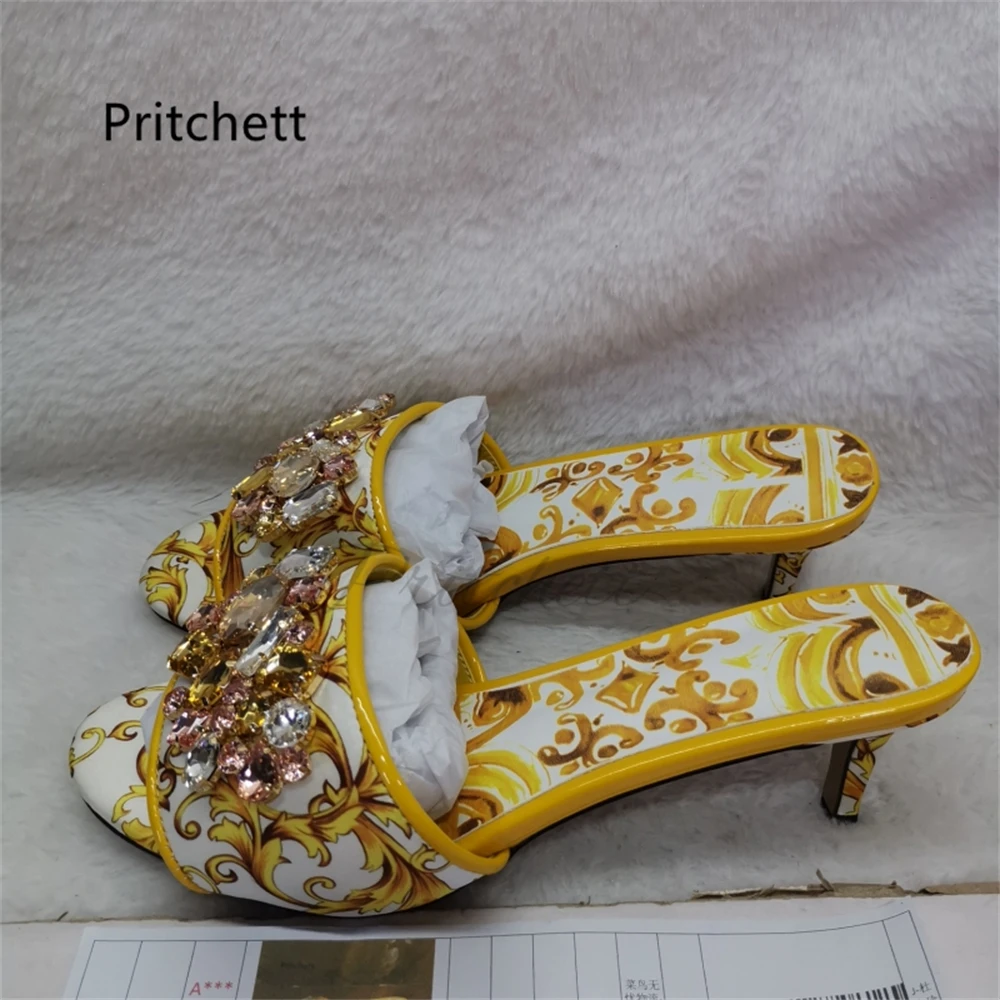 High Heels Prints Jewel Slippers for Women Bohemian Colorful Crystal Open-Toe Stiletto Blue Red Yellow Summer Vacation Shoes