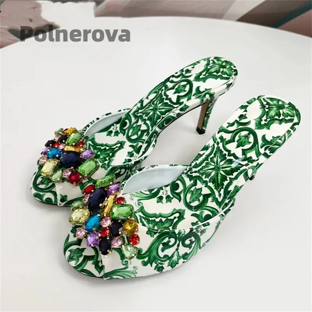 High Heels Prints Jewel Slippers for Women Bohemian Colorful Crystal Open-Toe Stiletto Blue Red Yellow Summer Vacation Shoes