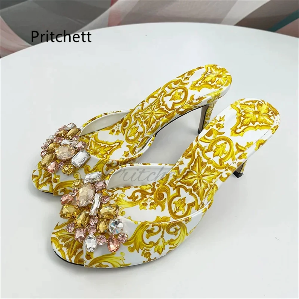 High Heels Prints Jewel Slippers for Women Bohemian Colorful Crystal Open-Toe Stiletto Blue Red Yellow Summer Vacation Shoes