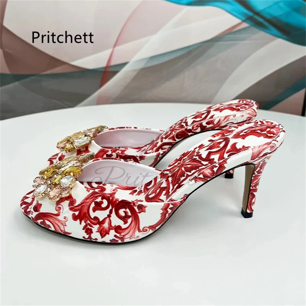 High Heels Prints Jewel Slippers for Women Bohemian Colorful Crystal Open-Toe Stiletto Blue Red Yellow Summer Vacation Shoes