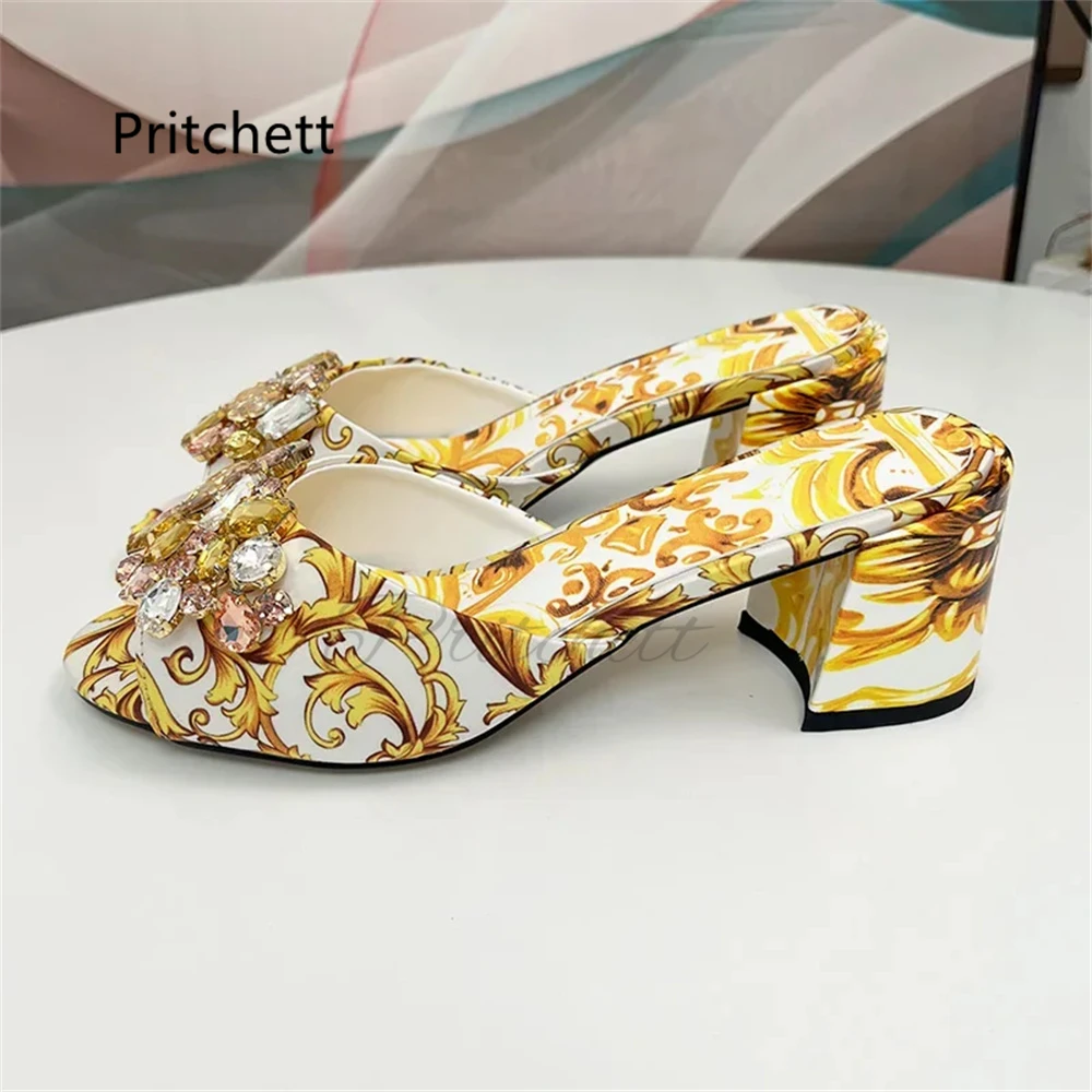 High Heels Prints Jewel Slippers for Women Bohemian Colorful Crystal Open-Toe Stiletto Blue Red Yellow Summer Vacation Shoes