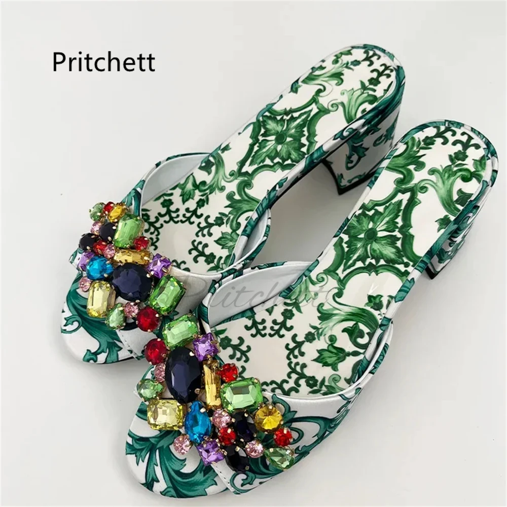High Heels Prints Jewel Slippers for Women Bohemian Colorful Crystal Open-Toe Stiletto Blue Red Yellow Summer Vacation Shoes