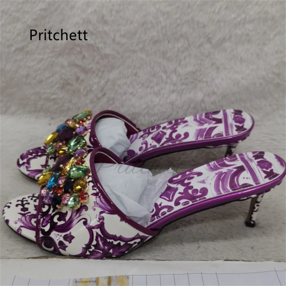 High Heels Prints Jewel Slippers for Women Bohemian Colorful Crystal Open-Toe Stiletto Blue Red Yellow Summer Vacation Shoes