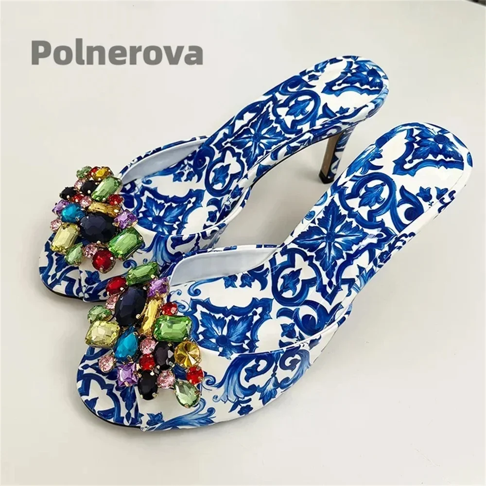 High Heels Prints Jewel Slippers for Women Bohemian Colorful Crystal Open-Toe Stiletto Blue Red Yellow Summer Vacation Shoes