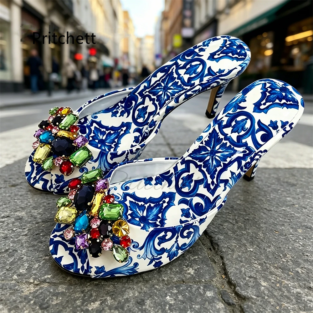 High Heels Prints Jewel Slippers for Women Bohemian Colorful Crystal Open-Toe Stiletto Blue Red Yellow Summer Vacation Shoes