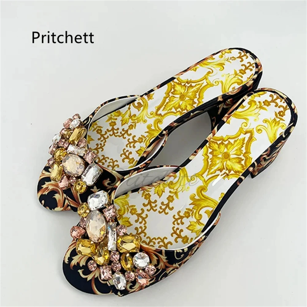 High Heels Prints Jewel Slippers for Women Bohemian Colorful Crystal Open-Toe Stiletto Blue Red Yellow Summer Vacation Shoes