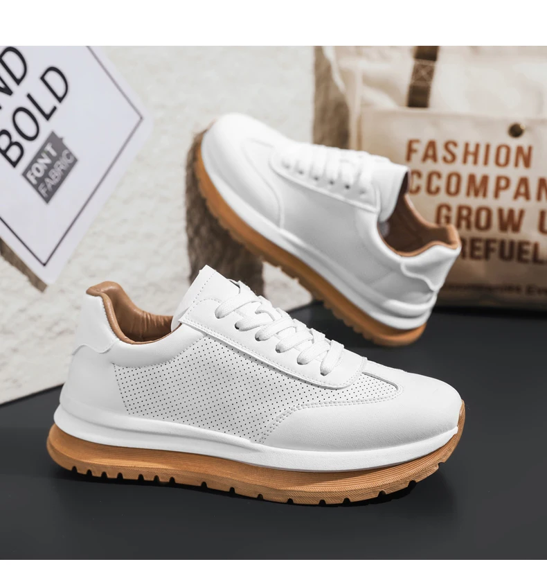 Spring Summer New Genuine Leather Leisure Style Breathable Mens Casual Shoes Round Toe Lace Up Platform Cowhide Sneakers