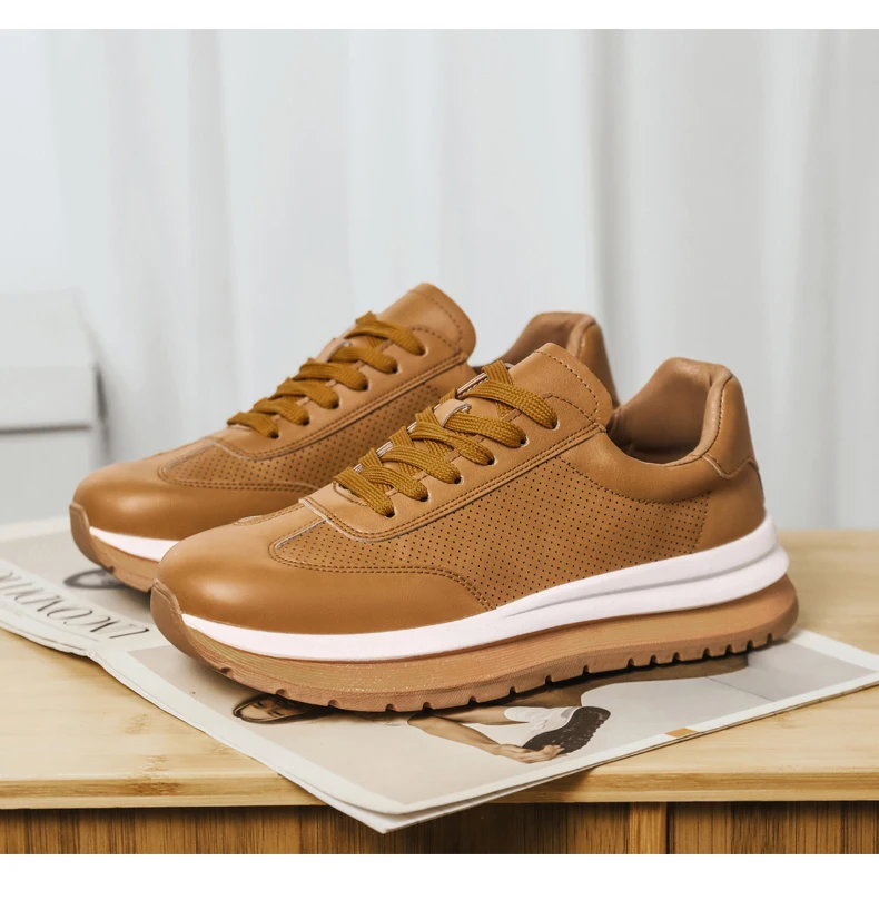 Spring Summer New Genuine Leather Leisure Style Breathable Mens Casual Shoes Round Toe Lace Up Platform Cowhide Sneakers